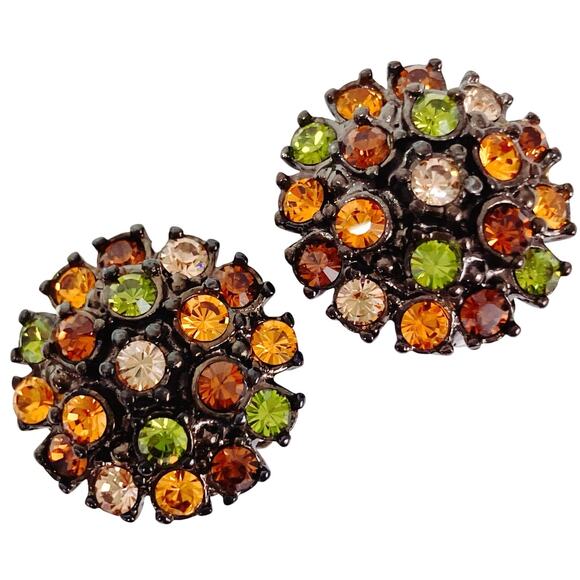 Joan Rivers Gun Metal Rhinestone Cluster Clip On Earrings Warm Fall Colors - Picture 1 of 12
